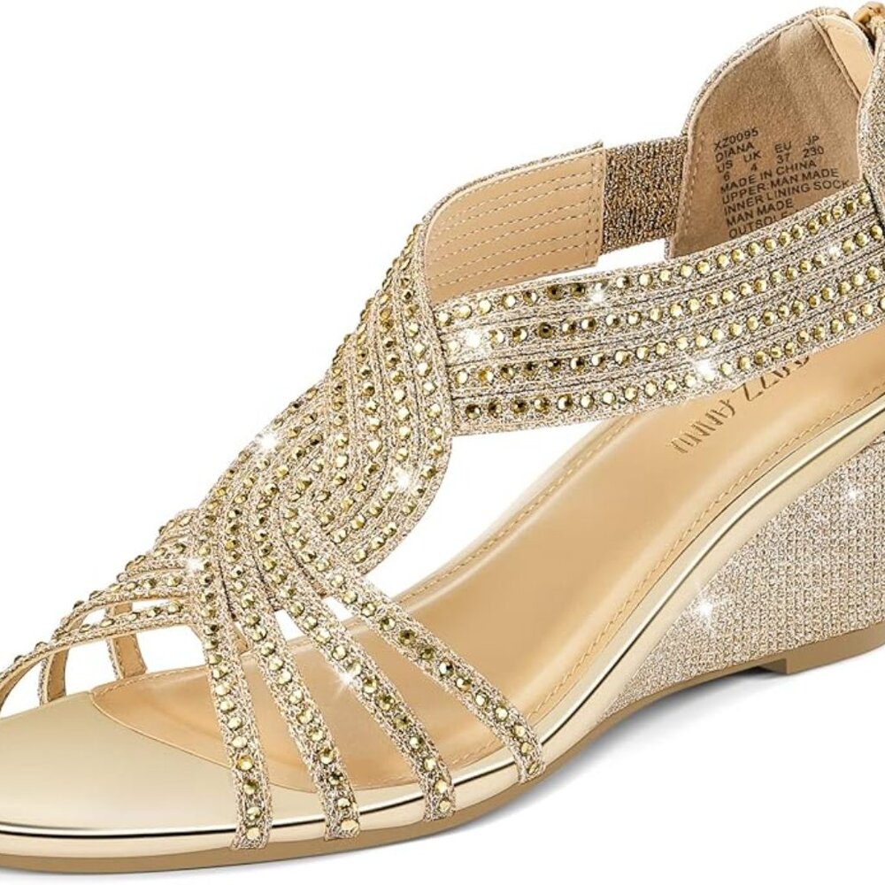 Women's Sandals 8.5 Gold Sparkly Rhinestone Low Wedge Open Toe DIANA Pizz Annu
